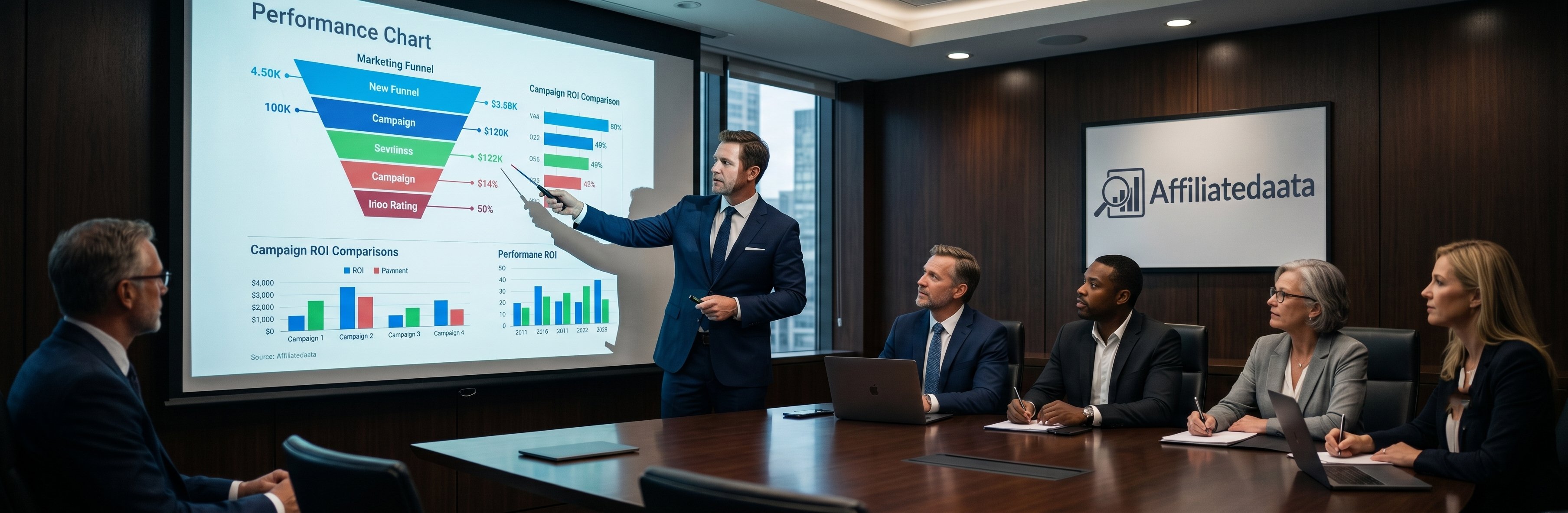 Marketer presenting campaign analytics on projector screen to team