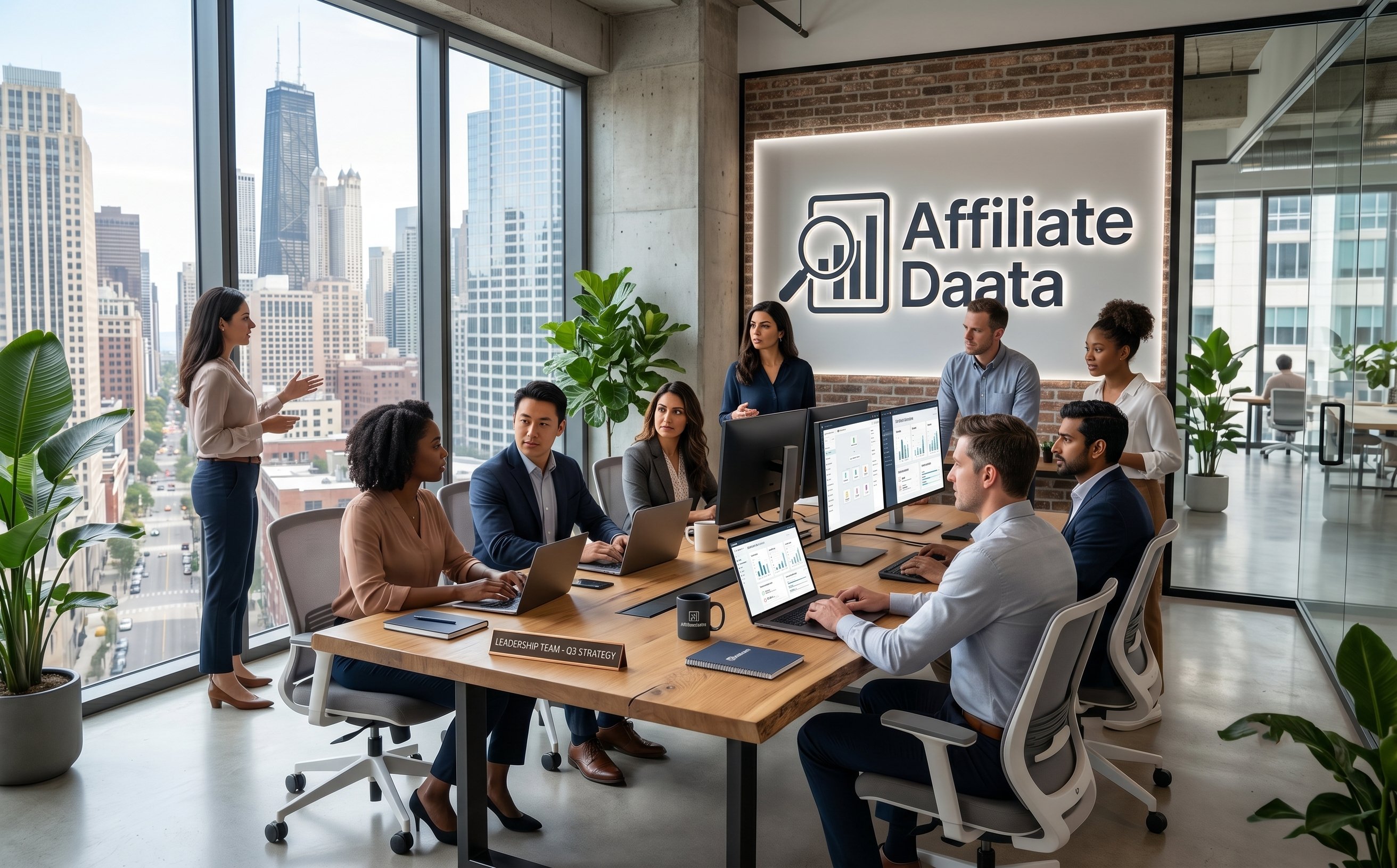Affiliate Daata digital marketing agency team in modern glass office