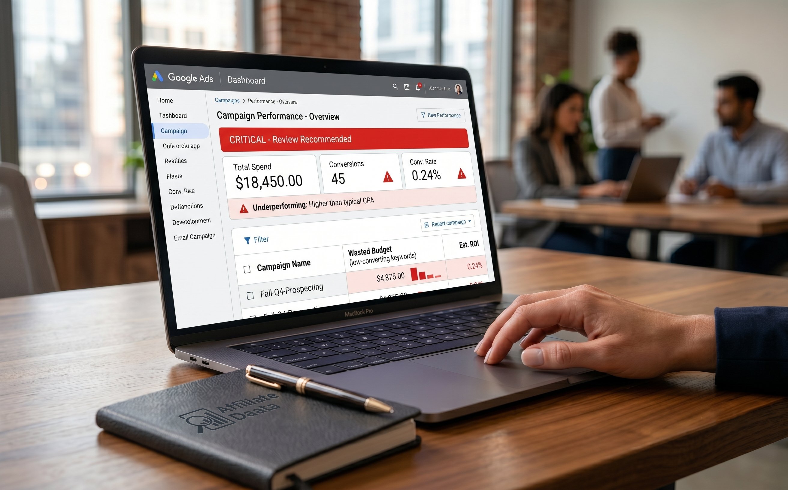 Google Ads dashboard displayed on laptop showing campaign performance data