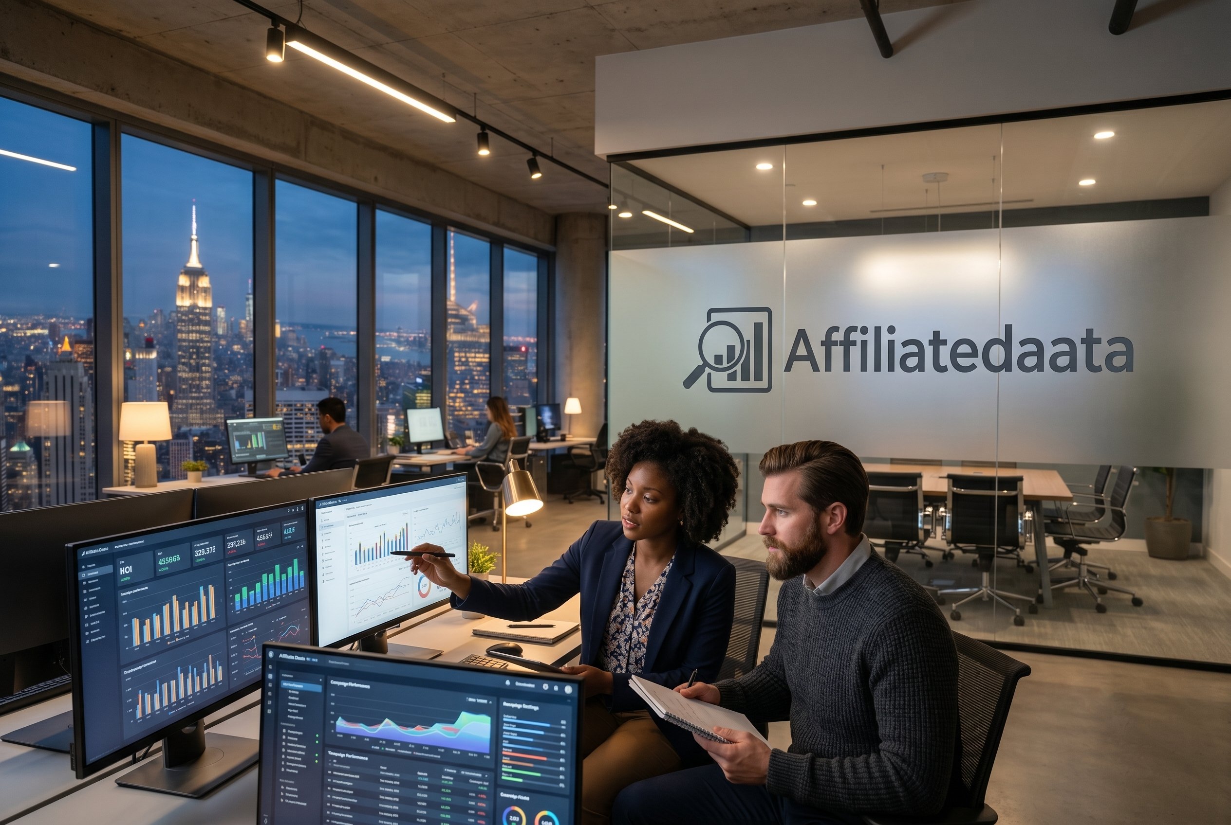 Affiliatedaata team reviewing digital marketing analytics dashboard
